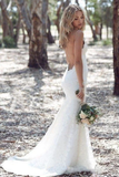 Sexy Spaghetti Straps Mermaid Lace Ivory Wedding Dresses V Neck Beach Wedding STFPJBS8J69
