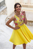 Yellow Floral Satin Illusion Back Daffodil V Neck Homecoming Dresses Short Cocktail Dresses STF14985