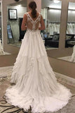 Ivory Lace Chiffon Long V-Neck Elegant Wedding Dresses Modest P65NHSCC