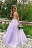 A Line Lilac Appliques V Neck Long Prom Dresses, Long Prom Formal Gowns STF15004