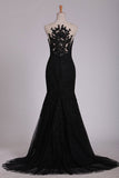 2024 Black Evening Dresses Scoop Tulle With Applique Sweep Train PFGCDS9G