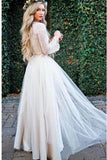 Princess Long Sleeve Lace Top Beach Wedding Dresses With Slit Tulle Ivory Wedding Gowns STF15299