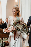 Simple Long Sleeve V Neck Chiffon Wedding Dresses, Lace V Back Beach Bridal Dresses STF15393