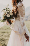 Long Sleeve Rustic Wedding Dresses Lace Appliqued Ivory Beach PTK7PAK8