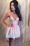 Cute Spaghetti Straps V Neck Pink Satin Homecoming Dresses with Lace Short Prom Dress STF14973