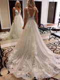Luxurious Ball Gown V Neck Open Back Ivory Lace Wedding Dresses,Sequins Beach Bridal Dresses STF15259