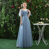 A Line V Neck Tulle Blue Cheap Prom Dress, Long Floor Length Bridesmaid Dresses STF15044