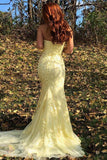 Yellow Mermaid Strapless Lace Appliques Prom Dresses with Slit, Evening STF20475