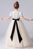 A- Line Short Sleeve Tulle Beading Flower Girl Dresses With Bow