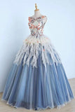 Princess Ball Gown Appliques Blue Tulle Prom Dresses, Sweet 16 Dress, Quinceanera Dress STF15289