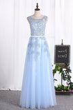 2024 A Line Prom Dresses Scoop Tulle With Applique P4DTJ15S