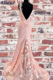 Unique Mermaid V Neck Spaghetti Straps Pink Prom Dresses, Cheap Party Dress STF15605