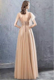 A Line V Neck Tulle Long Prom Dresses, Cheap Evening Dress with STF20488