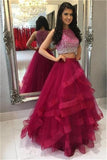 Modest 2 Pieces Beading Tulle Red Long Prom Dresses PL5BSL91