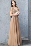 A Line V Neck Short Sleeves Long Tulle Prom Dress Evening Dresses With STFP7MZF43L