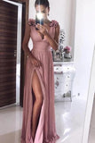 A Line Pink Chiffon V neck Prom Dresses with Split, Long Formal Dress With Handmade Flower STF15010