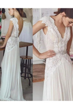 Unique V Neck Cap Sleeves Chiffon Beach Wedding Dress With Beading STFPGG9HAF7