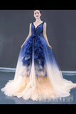 Ombre Contrast Colored A Line Prom Dress Pleated V Neck Long PZBH9Q2A