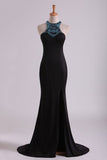 2024 Black Scoop Column Prom Dresses Chiffon With Rhinestones & Beads Sweep PJPPGZ2M