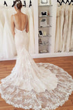 Elegant Spaghetti Straps Mermaid V Neck Lace Wedding Dresses Beach Bridal Dresses STF15202