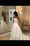 Strapless Simple Ivory Satin A Line Pleated Wedding Dresses With Court Train P41MYYB9