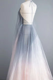 Simple Deep V Neck Ombre Tulle Halter Sleeveless Prom Dresses Backless Formal Dresses STF15391
