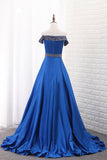 2024 A Line Prom Dresses Boat Neck Satin With Beads PS5DFTM2