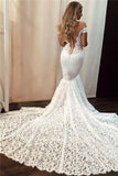 Sexy Off the Shoulder Lace Mermaid Ivory Wedding Dresses, Long Bridal Dresses STF15344