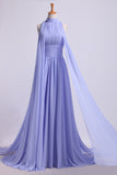 High Neck Prom Dresses Pleated Bodice A-Line Chiffon Sweep STFPQS3MK7G