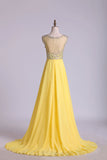 2024 Blusher Prom Dress Scoop Beaded Tulle Bodice Backless Chiffon With Sweep P895LTLX