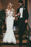 Long Sleeve See Through Mermaid Tulle Wedding Dresses Lace Appliques, Bridal Dresses STF15521