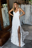 Spaghetti Straps Ivory Lace Open Back Long Wedding Dresses Elegant Beach PA61QQ15