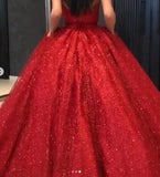 Sparkly Ball Gown Burgundy Strapless Sweetheart Prom Dresses, Long Quinceanera Dresses STF15428