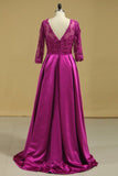 2024 Plus Size V Neck A Line Mother Of The Bride Dresses Satin With Applique & Beads 3/4 Length PDZK3MQL