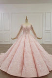 Elegant Ball Gown Pink Long Sleeves Appliques Prom Dresses, Quinceanera STF20482