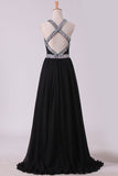 2024 Black Prom Dresses A Line Chiffon With Beads And Slit Cross PAX85XMY