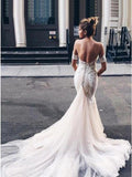 Charming Mermaid Sweetheart Backless Tulle Wedding Dresses with Lace Appliques STF15111