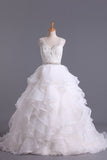 2024 Hot Wedding Dresses V-Neck A Line Organza With Beading And P7F398RT