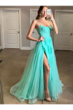 Spaghetti Straps High Slit Evening Dress Appliqued Sweep Train Long Prom STFPK6C7A1K