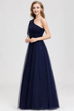 Simple A Line One Shoulder Navy Blue Tulle Prom Dresses Cheap Formal Dresses STF15382