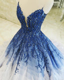 Ombre Ball Gown Royal Blue Prom Dresses With Appliques, Long V Neck Quinceanera Dresses STF15275