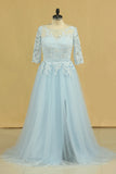 2024 Mother Of The Bride Dresses A Line Bateau Tulle With Applique And Sash Sweep Train Plus Size Light Sky P6HLNEAN