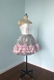 Cute Gray Strapless Tulle Homecoming Dresses with Flowers Short Sweet 16 Dresses STF14971