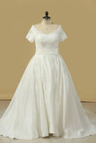 2024 New Arrival Wedding Dresses V Neck Short Sleeves Satin PFLK9PXF