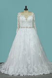 2024 Plus Size Wedding Dresses Long Sleeves Bateau A Line Tulle With Applique