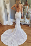 Luxurious Mermaid Lace Ivory V Neck Wedding Dresses, Backless Straps Wedding Dresses STF15522