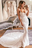 Sexy Mermaid Spaghetti Straps Lace Sweetheart Wedding Dresses, Bridal Dresses STF15530