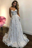 A Line Sweetheart Strapless Sweep Train Lace Pockets Wedding Dress with Sequins STF15036