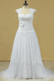 2024 Open Back A Line Tulle With Applique And Handmade Flower Wedding Dresses Court PQLHYJXS