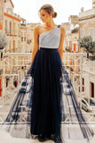 Flowy One Shoulder Navy Blue Tulle Long Prom Dresses, Cheap Formal Dresses STF15232